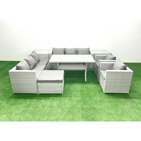 Fimous Rattan Gartenmöbel-Set Outdoor 8 Sitzer mit Esstisch 2 Sesseln 2 Beistelltischen Großer Fußhocker Hellgrau gemischt (1/5)
