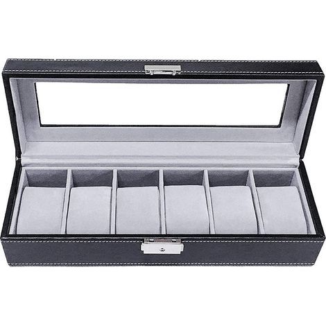 Boîte de montre, boîte à bijoux 30 x11 x 8cm, boîte de présentation, boîtier de montre, 6 coussins, serrure à un mot intérieur velours gris boîte de montre 6 bits boîte de (1/5)