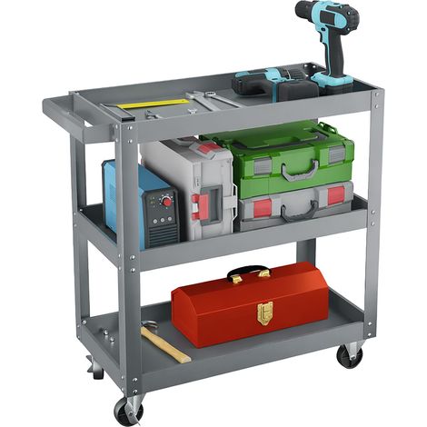 Relaxdays Werkstattwagen, Werkzeugwagen mit 3 Ebenen, mobiler Montagewagen, bis 100 kg belastbar, HBT: 76x78x35 cm, grau
