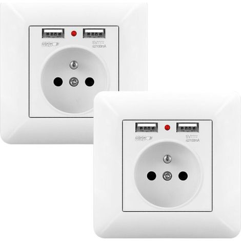 Lot de 2 Prise Électrique Murale 16A avec Double USB et LED – Prise Encastrable 240V Norme Française Blanc