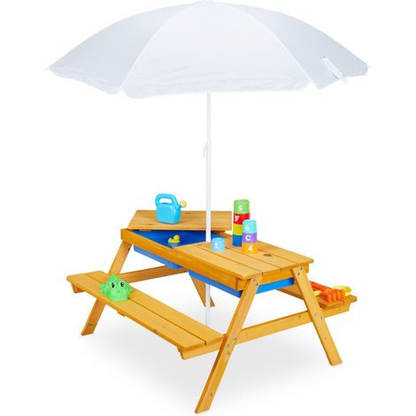 Table de Jardin pour Enfants, en Bois, bacs pour Jouer avec l Eau et Le Sable, Parasol Inclus, Orange (1/5)
