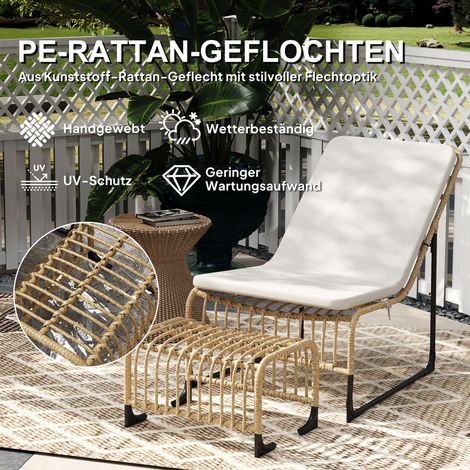 Fauteuil inclinable en rotin avec repose-pieds, chaise d'extérieur anti-UV équipée de coussins et sangles, 65 x 93 x 80 cm, bois naturel