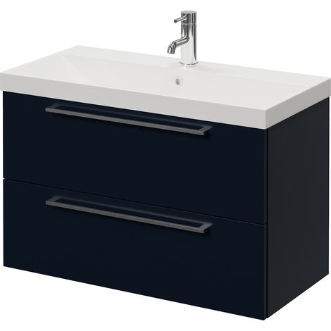 Napoli 390 Deep Blue 800mm Wall Mounted 2 Drawer Vanity Unit with Rimini Basin - 800mm - Chrome 480mm Handle
