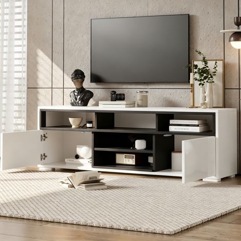 Meuble TV avec 2 Portes et Niches Ouvertes, LED, Finition Brillante, pour Petit Salon, 150 × 35 × 50 cm (1/5)