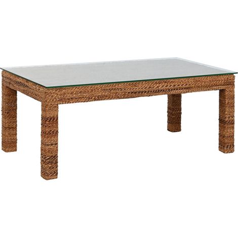 Table basse en teck naturel et verre trempé style contemporain - Teck naturel et verre transparent (1/4)