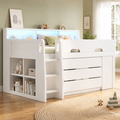 Letto a soppalco basso moderno 90x200 cm in MDF e compensato bianco, con 3 cassetti, 7 ripiani, scrivania mobile e LED