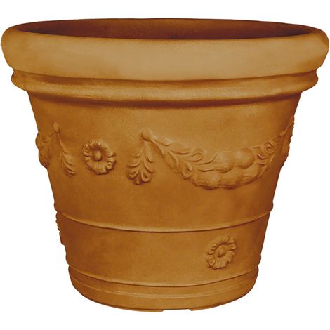 Vase "Festone" mit Doppelrand, rund, aus Harz, mit Dekoration für den Außenbereich "Made in Italy". -Terrakotta / 45 cm