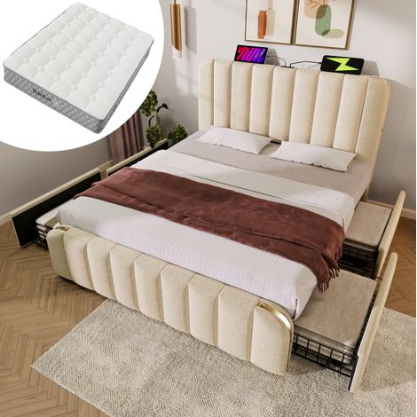 Bett 140x200 cm gepolstert in Beige mit Leinenbezug, USB/Typ-C-Kopfteil, 4 Schubladen und Lattenrost (1/5)