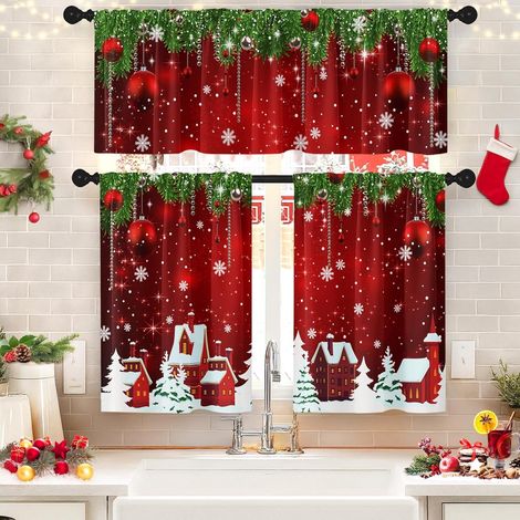 Rideau De Cuisine - Rideau Court Et Bandeau - Motif Flocon De Neige Et Boule De Pin - Rouge - 36 Pouces - Pour Fenêtre De Cuisine Ou De Salle De Bain - Lot De 3 (1/5)