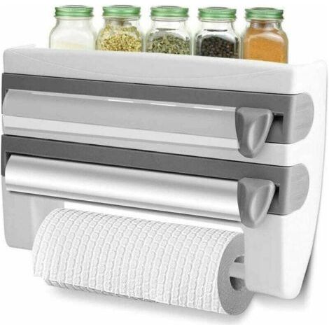 Distributeur de papier d'aluminium et de film étirable, équipé de lames tranchantes et d'un support de rangement. Cet accessoire de cuisine convient à la salle de bain et à la cuisine, mesurant 15,35