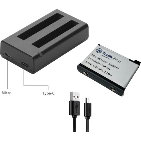 Trade-Shop 2in1 Set: Akku + USB-C Doppel Dual LED Schnell-Ladegerät für 2 Akkus für IS360X3B, Insta360 ONE X3 / Actionkamera 360-Grad-Kamera Digicam (1/5)