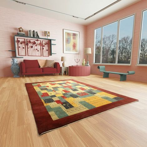 Tapis Loribaft Tapis Awaro - Tapis en laine - 200x150cm, Rectangular - 92% Laine vierge, 8% Soie - Noué main - Rouge
