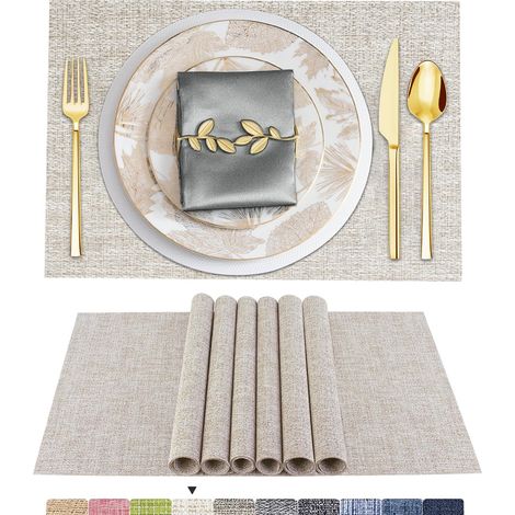 4 Sets de Table Lavable PVC Vinyle Dessous Assiette de Dîner Durables Napperon Rectangulaire Intérieure/Extérieure -4 Pièces, 02 Beige Blanc (1/5)