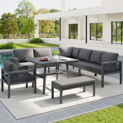 Ensemble canapé d'angle L tissé main pour 8 personnes, structure en fer, coussins gris, texture marbre + plateau en verre, résistant aux intempéries 236x180x80cm (1/5)