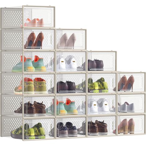 Boîtes à Chaussures, Rangement Chaussures en Plastique, Pliables et Empilables, pour Pointure Jusqu’à 43, Lot de 18, Transparent et Beige Cappuccino LSP066L18 (1/5)