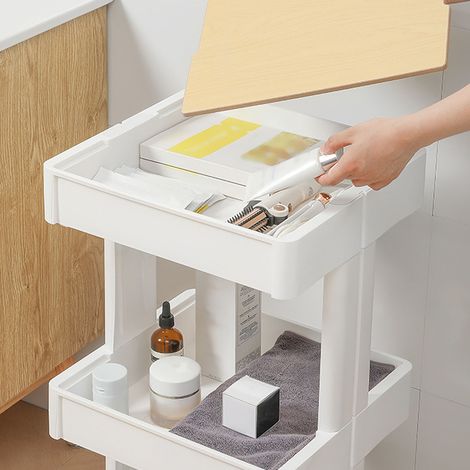 Chariot à roulettes à 3 niveaux avec étagères mobiles, roulettes réglables et verrouillables, rangement mobile polyvalent avec couvercle pour chambre et salle de bain
