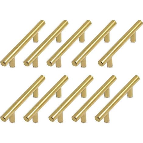 Juego de 10 tiradores de latón chapados en oro para muebles – Distancia entre centros: 128 mm – Longitud: 200 mm – Diámetro: 12 mm – Altura: 32 mm – Tornillos incluidos – 10 piezas (1/5)