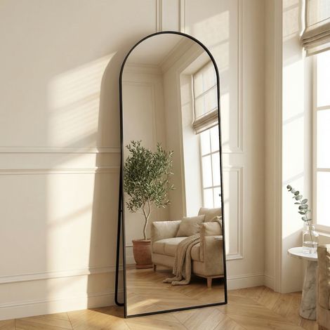 Grande specchio da terra 162x53cm, arco, da terra o da parete, cornice sottile in alluminio e vetro HD antischegge di sicurezza, per camera da letto/ingresso, stile scandinavo moderno(162x53cm, Nero)