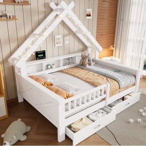 Cama cabaña infantil 140x200 cm MDF y pino blanco con LED, almacenaje y cajones - CHICFURN (1/5)