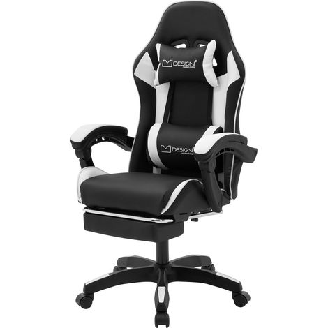 ML-Design Gaming Stuhl mit Fußstütze, Weiß, aus Kunstleder, Ergonomischer Bürostuhl mit Armlehne, Kopfstütze, Lendenkissen, Drehstuhl verstellbar, Racing Gamer Stuhl Schreibtischstuhl Drehsessel