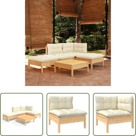 Holzsofa -  5-tlg. Garten-Lounge-Set mit Creme Kissen Kiefernholz (1/5)