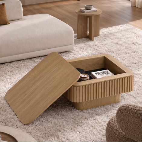 Tavolino da caffè quadrato 75 cm con spazio nascosto, piano sollevabile, per soggiorno, MDF e impiallacciatura effetto legno - naturale (1/5)