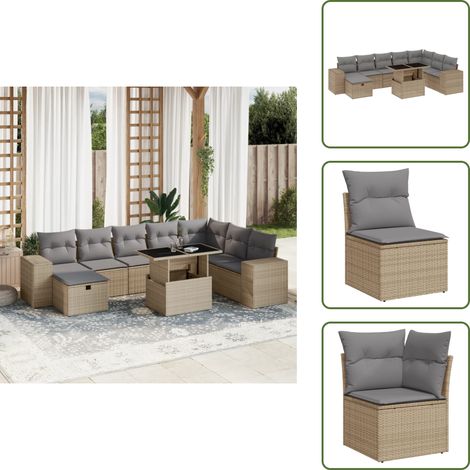 The Living Store Salon de jardin avec coussins 9 pcs beige résine tressée - Ensemble Salon De Jardin - Mobilier De Jardin - Canapé D'angle - Canapé Centre - Chaise Longue (1/5)