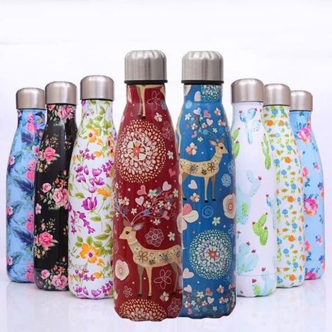 500ml Bouteille d'eau Sport Gourde Inox Isotherme Impression A: Blanc-Fleurs ENEVAOCT (1/4)