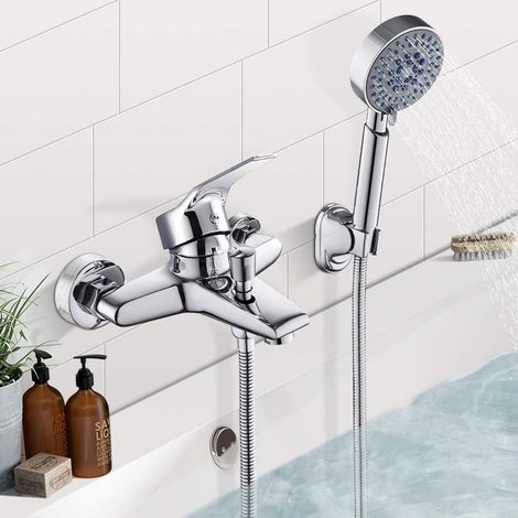 Solution de douche flexible, mitigeur de baignoire mural avec 5 jets, douchette et bec long orientable, conçu pour un confort optimal. (1/5)