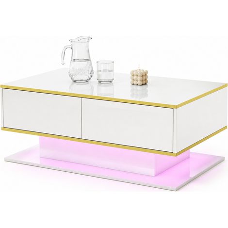 Table basse LED blanche et dorée à finition brillante, 100 cm, 3 tiroirs, rangement ouvert et bandeau lumineux USB pour salon moderne  CHICFURN (1/5)