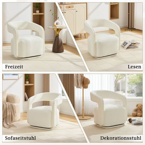 Fauteuil Pivotant 360° Design Baril, Lounge Chair pour Salon et Coin Lecture, Fauteuil d'Appoint en Chenille Texturé, Blanc (1/5)