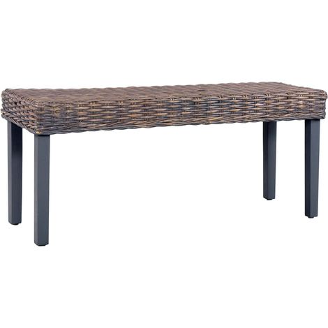 Banc 110 cm Gris Rotin naturel kubu et bois d'acajou massif