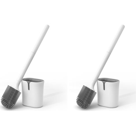 Brosse Toilettes WC Silicone Plate, Balai Toilette WC à Séchage Rapide, Anti-Goutte Balayette WC Brosse, Montage Mural/au Sol, Blanc (Lot de 2) (1/5)