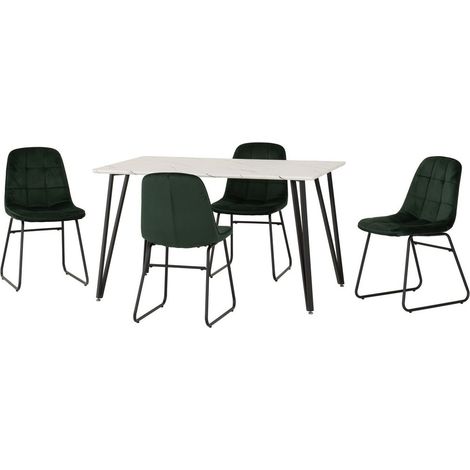 Marlow & Lukas Indoor Dining Set with 4 Chairs - White Marble/Emerald Green Velvet