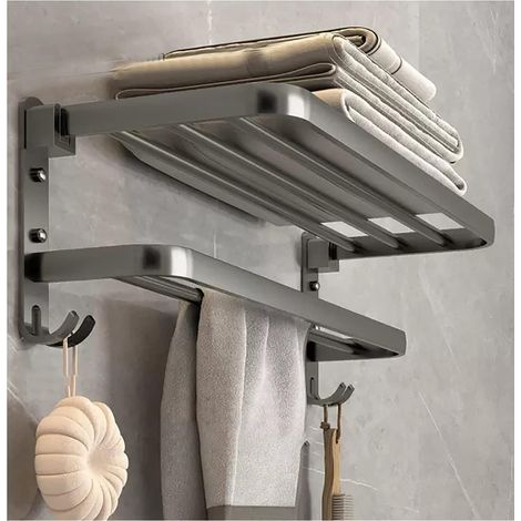 Wall-mounted towel rack with 2 tiers in SUS 304 stainless steel, matte finish, foldable at 90° (colour: grey, size: 60 cm)