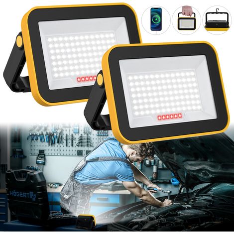 Foco LED recargable, 5 modos, para obras de construcción, con batería y cable USB, 4000 mAh, portátil, IP42, resistente al agua, para garaje, camping y pesca, 2 unidades [Clase energética A+]