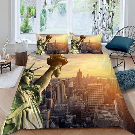 Bettwäsche-Set 155x220 cm mit 2 Kissenbezügen 80x80 cm, Freiheitsstatue New York Skyline 3D-Druck, Mikrofaser