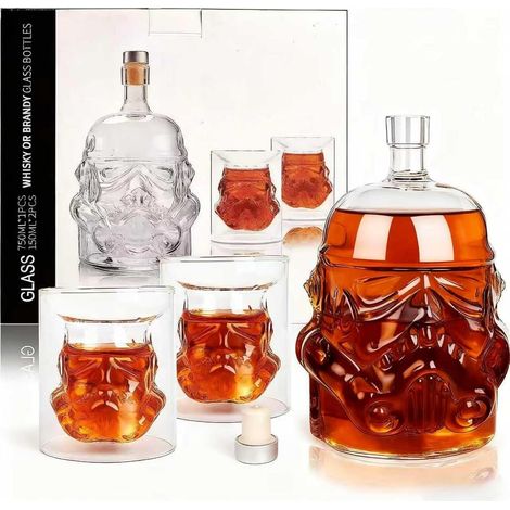 Carafe à whisky créative transparente, carafe à whisky, pour whisky, vodka et vin, 1  bouteille (750 ml) et 2 verres (8,5 x 9,5 x 9 cm) (1/5)