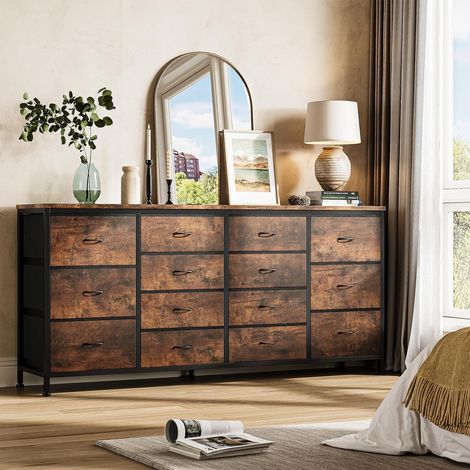 Commode, 160cm Commode de Chambre à Coucher 14 Tiroirs en Tissu, Meuble TV, Téléviseur, Meuble de Rangement pour Chambre d'enfants,Chambre à Coucher, Armoire, Salon, Couloir,marron,160x35x75CM (1/5)
