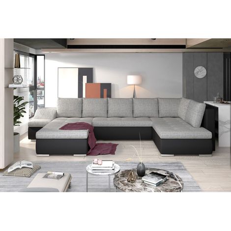 Canapé panoramique GYOVANI gris clair et noir angle gauche convertible mousse T30