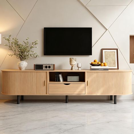 Mobile TV 180 cm con ante a persiana, bordi arrotondati e cassetto, porta TV vintage rustico per soggiorno - Effetto legno (1/5)