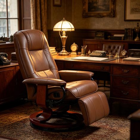 Fauteuil inclinable pivotant marron en similicuir avec repose-pieds rétractable et dossier haut réglable, piètement en bois. (1/5)