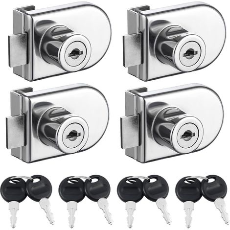 Lot de 4 verrous pour portes vitrées d'armoires, sans perçage. Verrou simple avec clés identiques. Verrou de sécurité à double ouverture pour vitrines de 5 à 8 mm d'épaisseur.