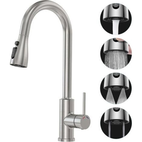 Robinet Cuisine avec Douchette Extensible Mitigeur - SREWOHS PRO Rabattable Mitigeur Robinet Evier de Cuisine avec 4 Douchette Modes, 360° d'Évier à Arc Élevé Acier Inoxydable Robinet Cuisine (1/5)