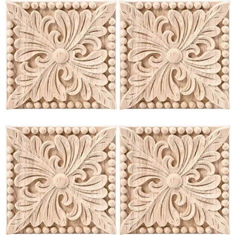 Ensemble de 8 autocollants carrés en bois sculpté, non peints, à motif floral, convenant à la décoration de portes, d'armoires et de meubles, dimensions 3,94 x 3,94 pouces. (1/5)