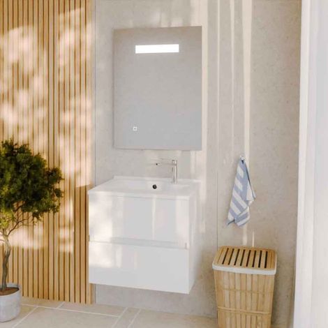 Meuble salle de bain 60 cm ROSALY avec plan vasque et miroir Elégance ht80- - Plan vasque en Résine