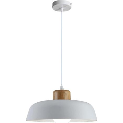 Suspension ronde en métal de 300 mm de couleur macaron, finition en bois simple E27 Loft Bar Plafonnier, Lustre de salle à manger d'îlot de cuisine (Blanc) (1/5)