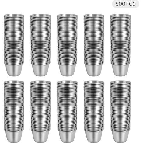 Ramequines para salsa de acero inoxidable (paquete de 500), resistentes a la oxidación y aptos para lavavajillas, práctica capacidad de 70 ml, apilables ideales para cocinas y restaurantes. (1/5)