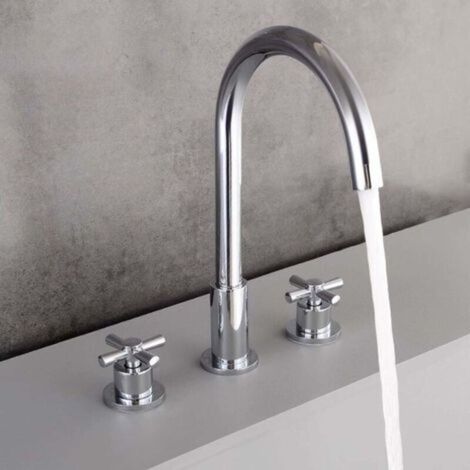 Ensemble de robinet de lavabo à 3 trous - Corps en laiton - design à deux poignées - modèle A - argent (1/2)