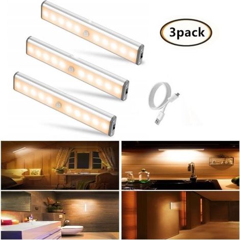 3pcs Lampe Détecteur de Mouvement,10LED Lampe de Placard,USB Rechargeable Veilleuse LED,Lampe Escalier-Blanc chaud (1/4)